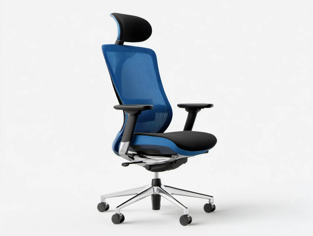 Ergonomiczne krzesło biurowe obrotowe z regulowanym zagłówkiem, niebiesko-czarne, 68 x 68 x 118-128 cm