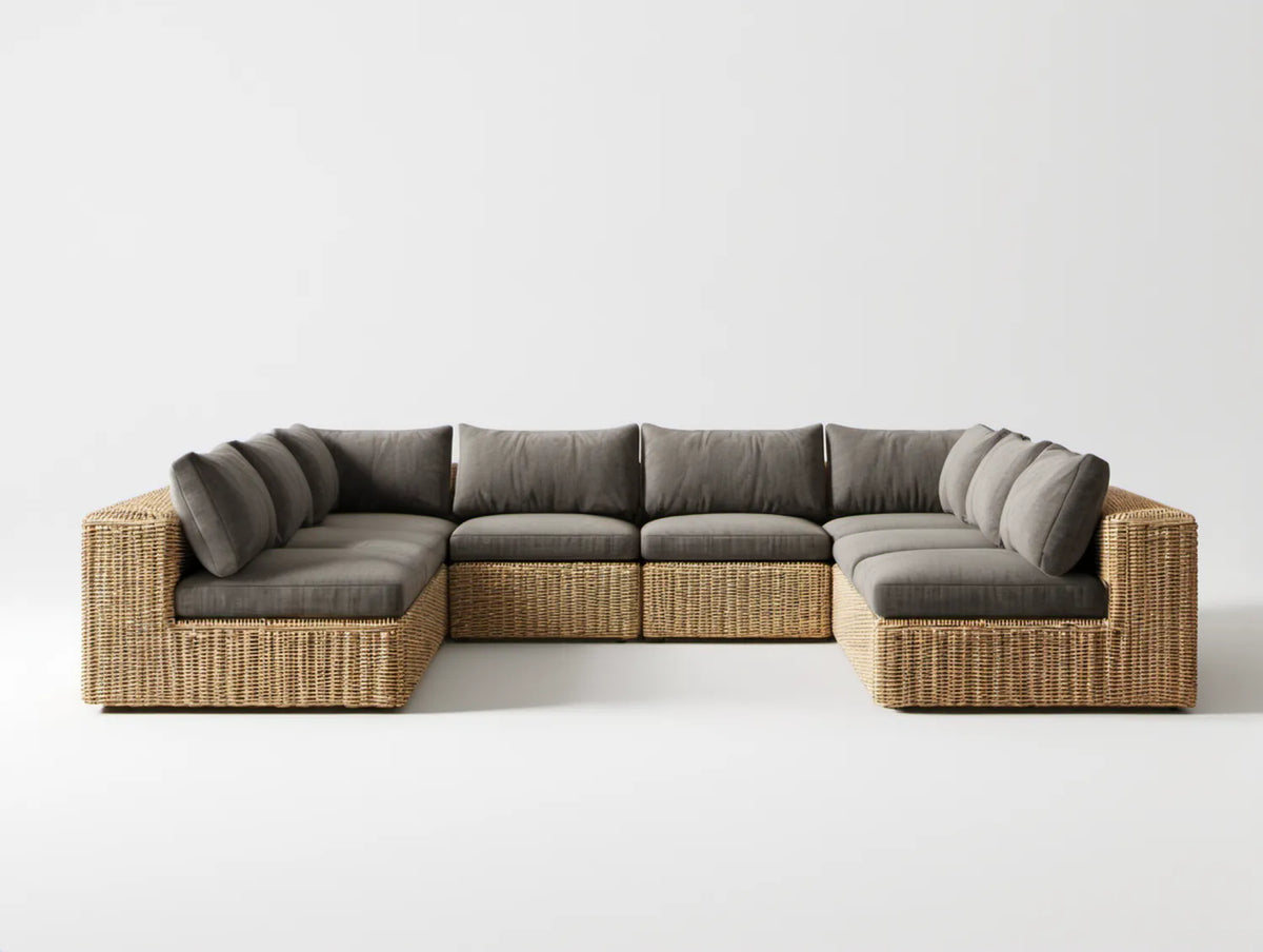 Modułowa sofa ogrodowa w kształcie U z technorattanu PE, beżowo-szara, 330 x 85 x 75 cm