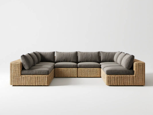 Modułowa sofa ogrodowa w kształcie U z technorattanu PE, beżowo-szara, 330 x 85 x 75 cm