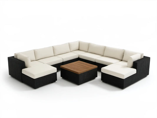 8-częściowy narożny zestaw ogrodowy z technorattanu PE 280 x 220 x 70 cm, czarny/kremowy/brązowy