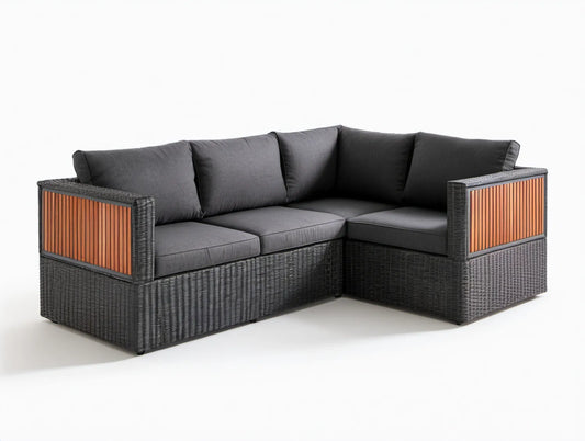 3-osobowa narożna sofa ogrodowa L z technorattanu PE i drewna akacjowego, czarno-brązowa, 210 x 150 x 75 cm