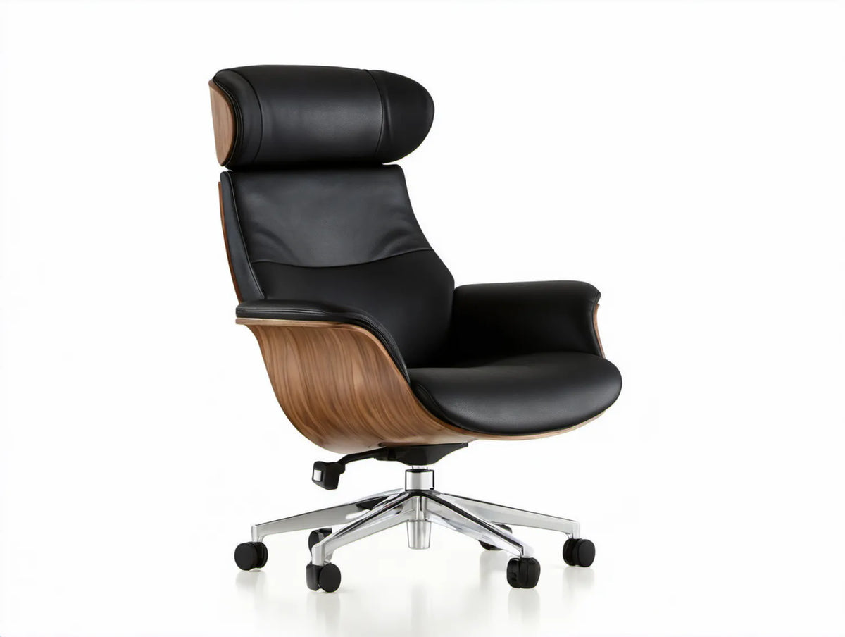 Obrotowy fotel biurowy z ekoskóry czarny/orzechowy/srebrny 68 x 68 x 118–128 cm
