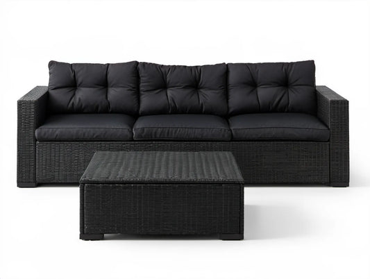 Czarny zestaw z technorattanu: sofa 3-osobowa 200 x 70 x 73 cm ze stolikiem 100 x 60 x 40 cm