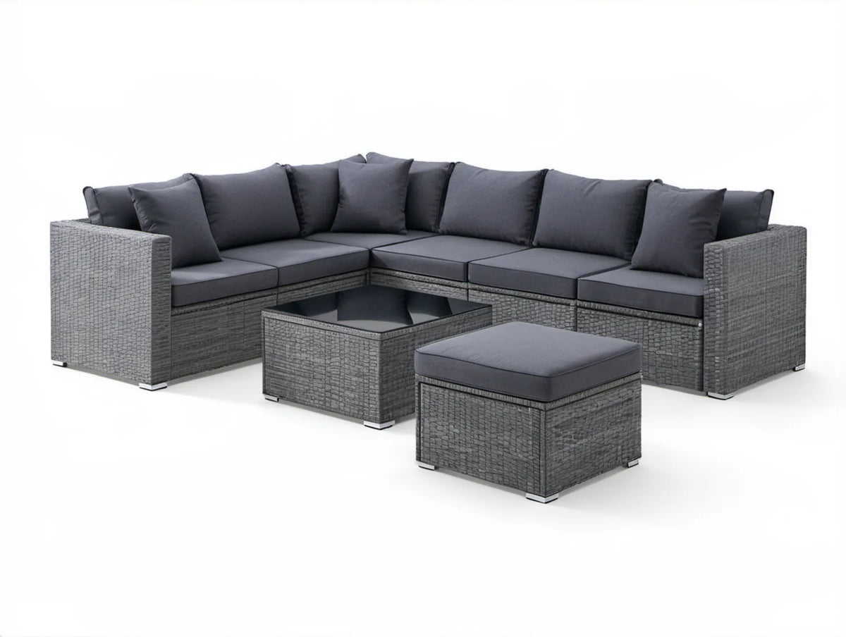 7-elementowy narożny zestaw ogrodowy z technorattanu PE, szary/antracytowy, 280 x 210 x 60 cm