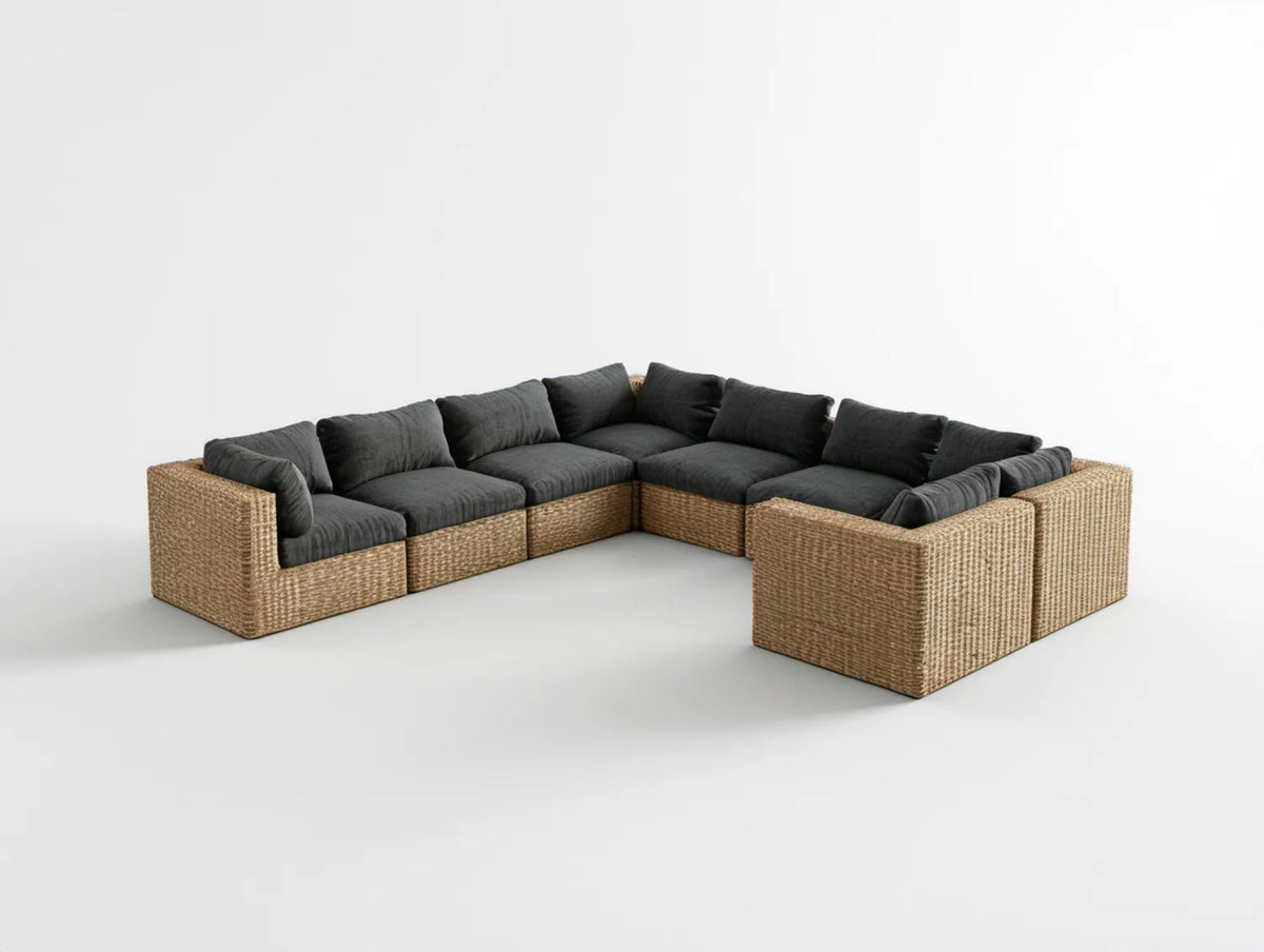 Modułowy narożnik ogrodowy w kształcie U z technorattanu PE, naturalny brąz/czarny, 300 x 230 x 75 cm