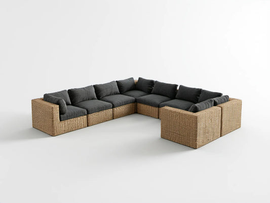 Modułowy narożnik ogrodowy w kształcie U z technorattanu PE, naturalny brąz/czarny, 300 x 230 x 75 cm