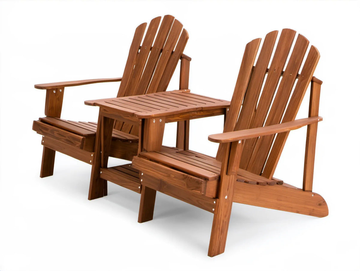 Brązowy zestaw 2 foteli ogrodowych Adirondack ze stolikiem z litego drewna jodłowego, 160 x 85 x 92 cm