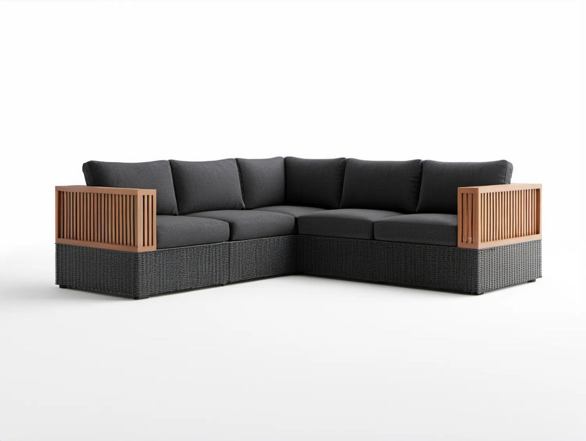 Narożna sofa ogrodowa 5-osobowa z polirattanu i drewna akacjowego, czarno-antracytowo-brązowa, 250 × 250 × 70 cm