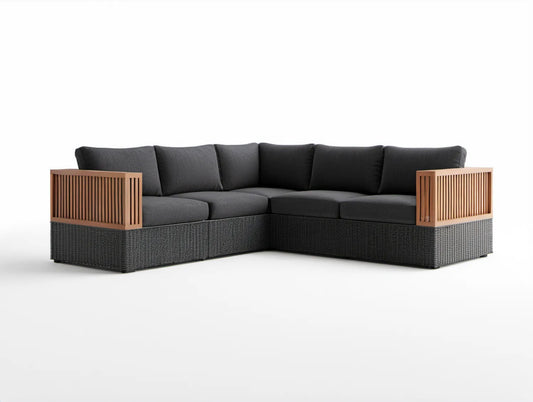 Narożna sofa ogrodowa 5-osobowa z polirattanu i drewna akacjowego, czarno-antracytowo-brązowa, 250 × 250 × 70 cm